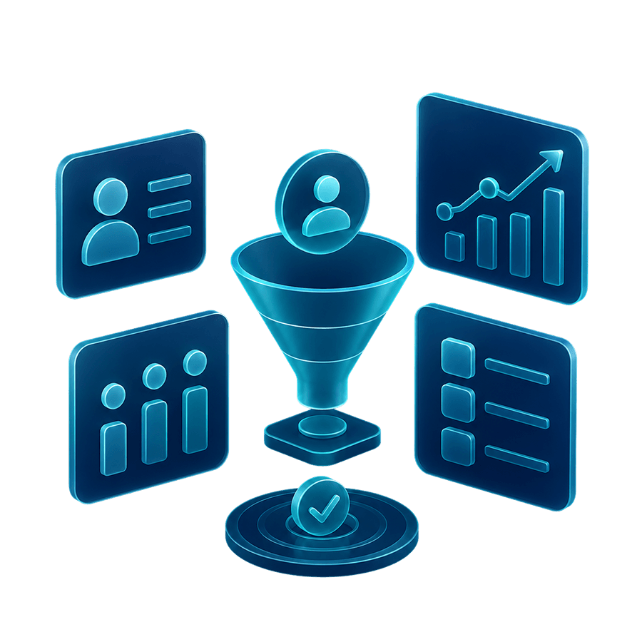 Ilustração do Iungo Convert com funil de vendas, perfis de clientes e indicadores de conversão.