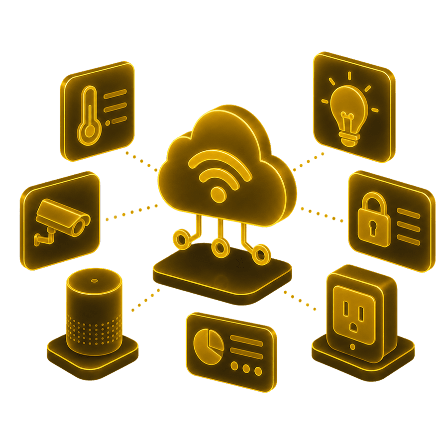 Ilustração do Iungo IoT com nuvem dourada conectando dispositivos RFID, BLE, LoRa, NFC e GPS.